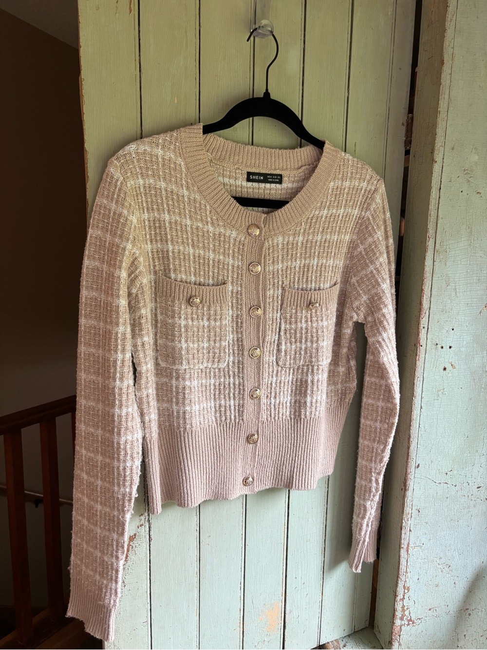 SHEIN Blush Pink Tweed-Look Button Front Cardigan